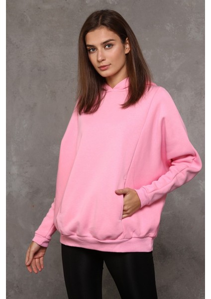 Fancy Kadın Kapüşonlu Yumuşacık İçi Pamuklu Yarasa Kol Oversize Kalın Sweatshirt