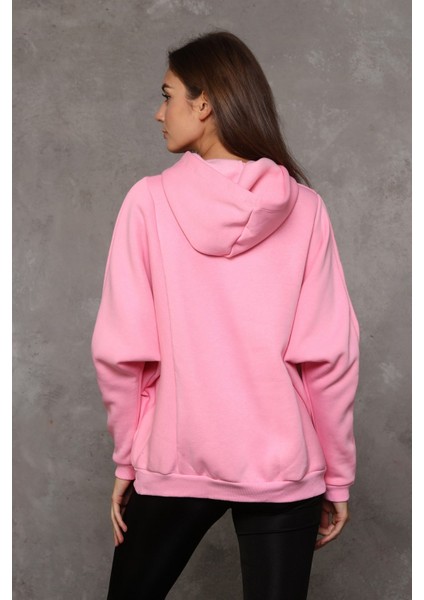 Fancy Kadın Kapüşonlu Yumuşacık İçi Pamuklu Yarasa Kol Oversize Kalın Sweatshirt