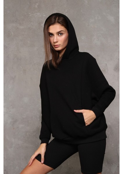 Fancy Kadın Kapüşonlu Yumuşacık İçi Pamuklu Yarasa Kol Oversize Kalın Sweatshirt