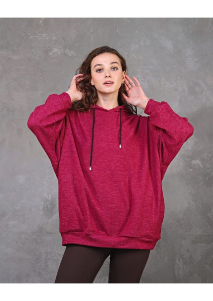 Fancy Kadın Kapüşonlu Yumuşacık İçi Pamuklu Düşük Kol Oversize Sweatshirt