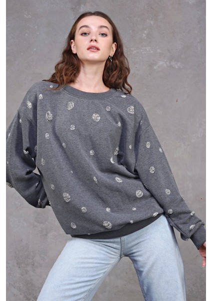 Fancy Kadın Bisiklet Yaka Komple Yırtık Detaylı Oversize Sweatshirt