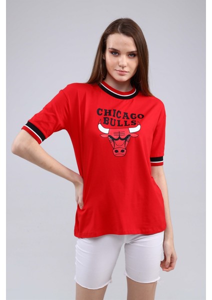 Fancy Kadın Chicago Bulls Baskılı Renkli Yaka Tişört