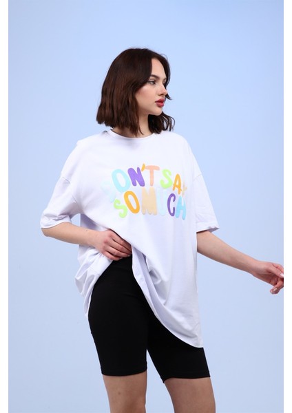 Fancy Kadın Bisiklet Yaka Renkli Baskı Detaylı Oversize Tişört modelleri