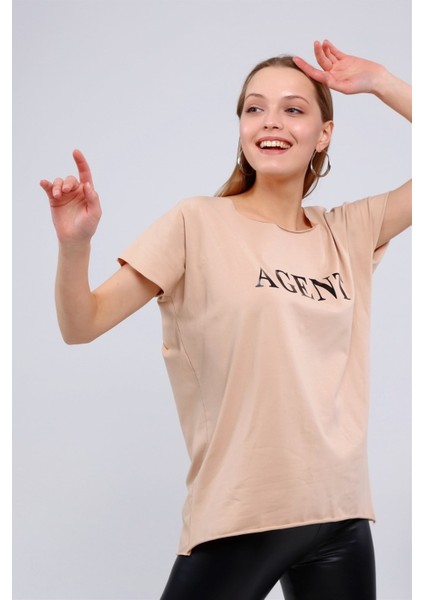 Fancy Kadın Geniş Yaka Baskılı Basic Tişört