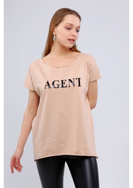 Fancy Kadın Geniş Yaka Baskılı Basic Tişört