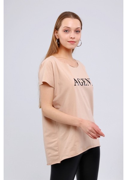 Fancy Kadın Geniş Yaka Baskılı Basic Tişört