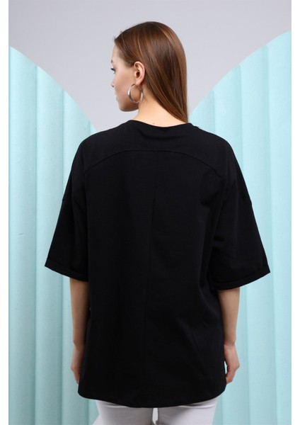 Fancy Kadın Bisiklet Yaka Gülücük Nakışlı Oversize Tişört