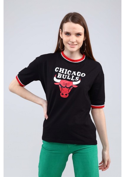 Fancy Kadın Chicago Bulls Baskılı Renkli Yaka Tişört