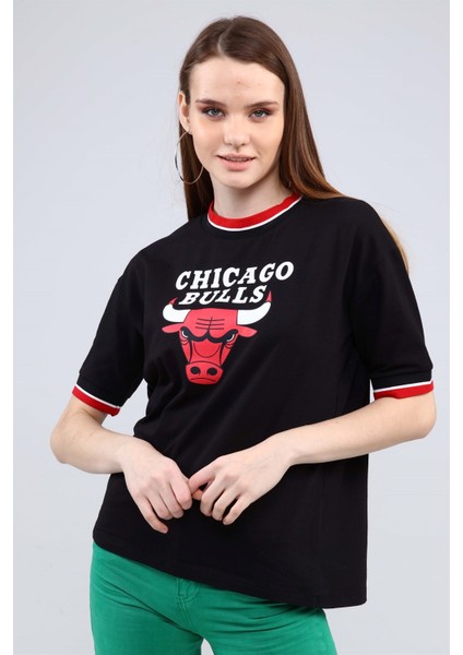 Fancy Kadın Chicago Bulls Baskılı Renkli Yaka Tişört