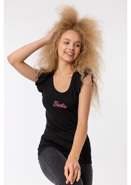 Fancy Kadın Bisiklet Yaka Barbie Nakış Detaylı Fitilli Ekstra Esnek Slim Fit Tişört