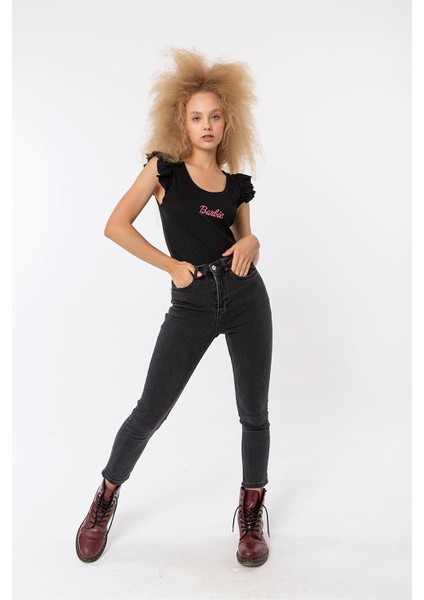Fancy Kadın Bisiklet Yaka Barbie Nakış Detaylı Fitilli Ekstra Esnek Slim Fit Tişört modelleri
