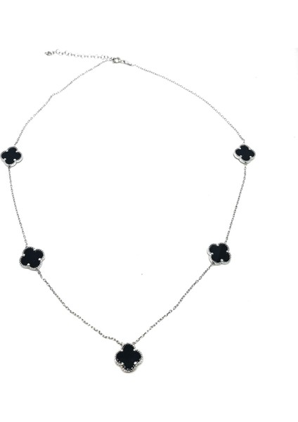 925 Ayar Gümüş Black Onnx Taşlı Yoncalı Kolye