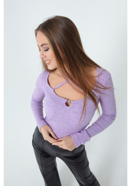 Kadın Lila Metal Aksesuarlı Örme Crop