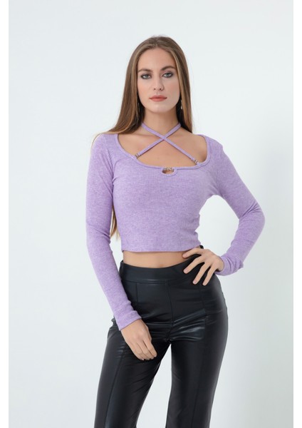 Kadın Lila Metal Aksesuarlı Örme Crop fiyatları
