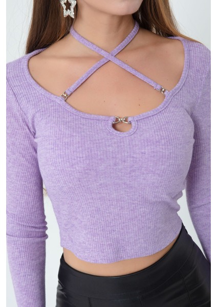 Kadın Lila Metal Aksesuarlı Örme Crop fırsatları