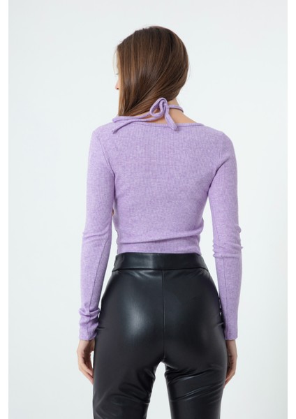 Kadın Lila Metal Aksesuarlı Örme Crop indirimleri