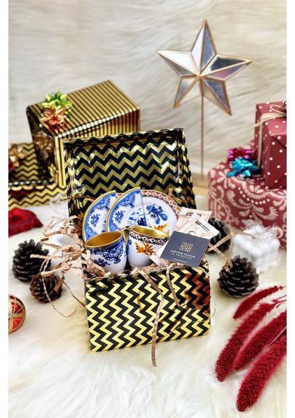 Iki Desenli Hediye Paketli 2'li Kahve Gold Fincan Takımı