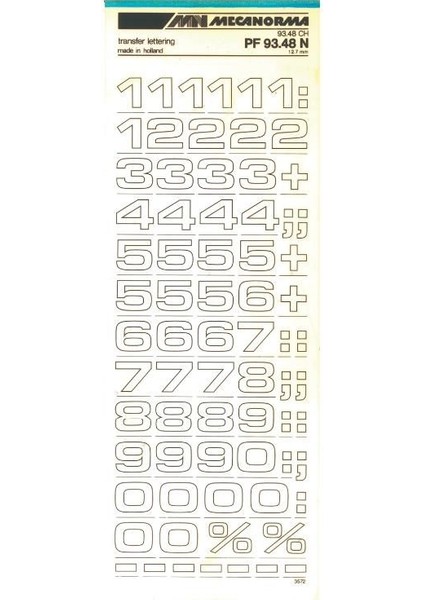 Rakamlar Transfer Şablon Letraset Pf 93.48 N 12.7 mm