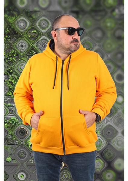 Büyük Beden Unisex Kapüşonlu 3ip Sweat 11701 Hardal
