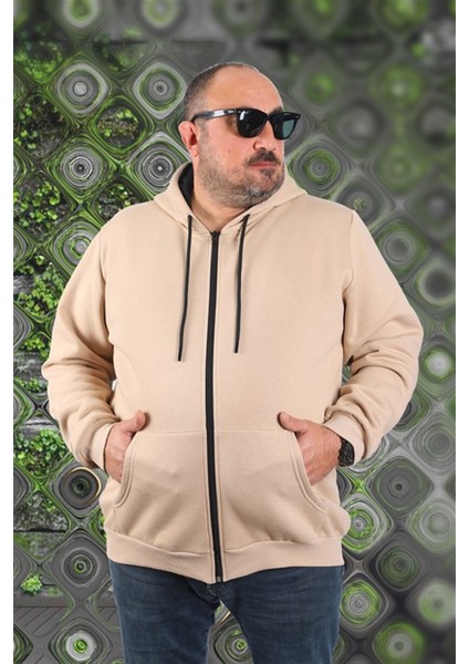 Büyük Beden Unisex Kapüşonlu 3ip Sweat 11701 Bej