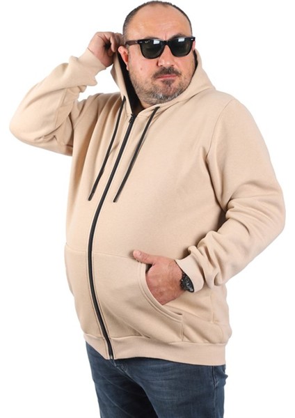 Büyük Beden Unisex Kapüşonlu 3ip Sweat 11701 Bej