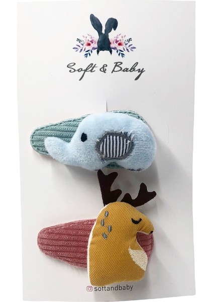 Soft and Baby Peluş Oyuncaklı Fil ve Geyik 2'li Toka Seti