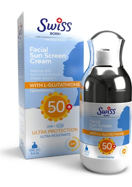 Swiss Bork® Facial Sun Screen Cream W/ L-Glutathione Spf 50+ Liposomal Technology (Su Bazlı Güneş Koruyucu Suya Dirençli Leke Karşıtı Yüz Kremi L Glutatyon) 100ML