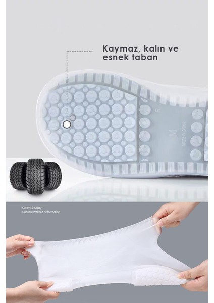 Ultra Esnek Silikon Yağmur Koruyucu Ayakkabı Kılıfı Taban Takviye Kaymaz Su Kir Geçirmez Beyaz L 37-42