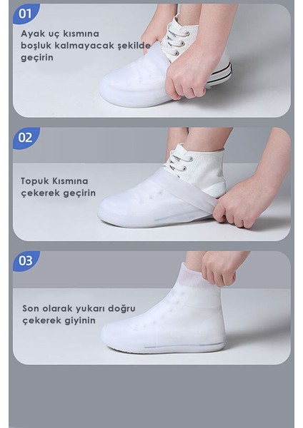 Ultra Esnek Silikon Yağmur Koruyucu Ayakkabı Kılıfı Taban Takviye Kaymaz Su Kir Geçirmez Beyaz L 37-42