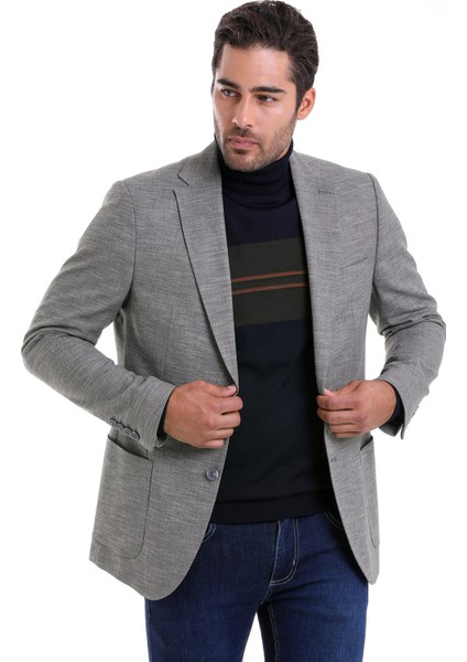 Gri Slim Fit Desenli Çift Düğme Keten Ceket