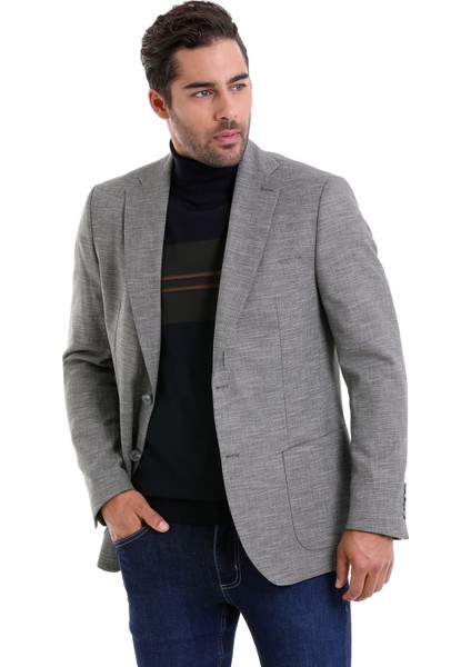 Gri Slim Fit Desenli Çift Düğme Keten Ceket