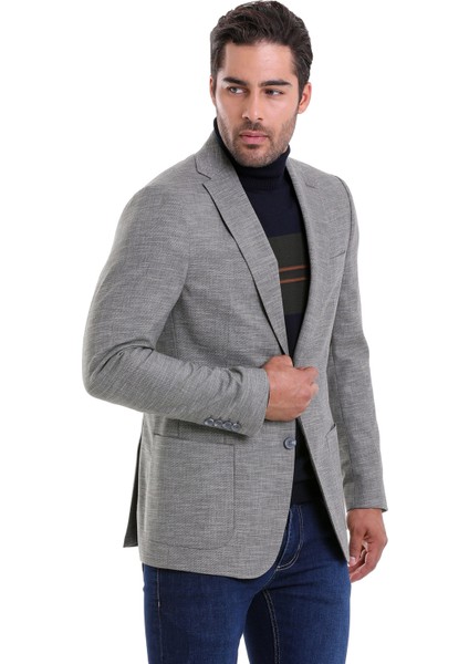 Gri Slim Fit Desenli Çift Düğme Keten Ceket