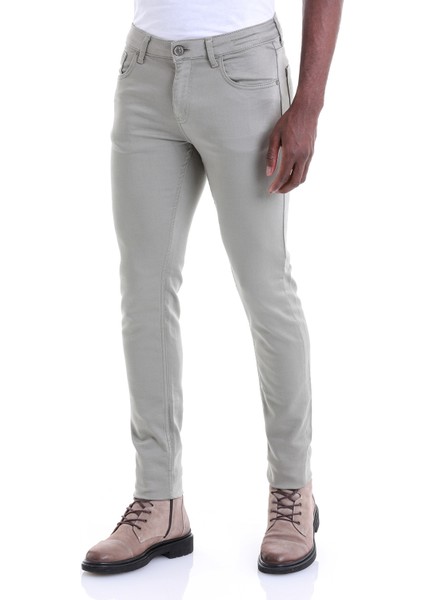 Gri Slim Fit Düz Düşük Bel Kanvas Pantolon