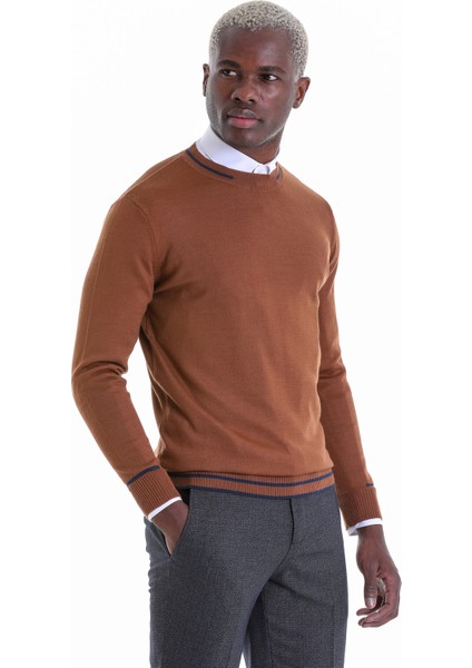 Kahverengi Regular Fit Çizgili Yün Bisiklet Yaka Triko Kazak fiyatları