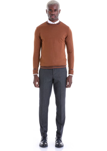 Kahverengi Regular Fit Çizgili Yün Bisiklet Yaka Triko Kazak modelleri