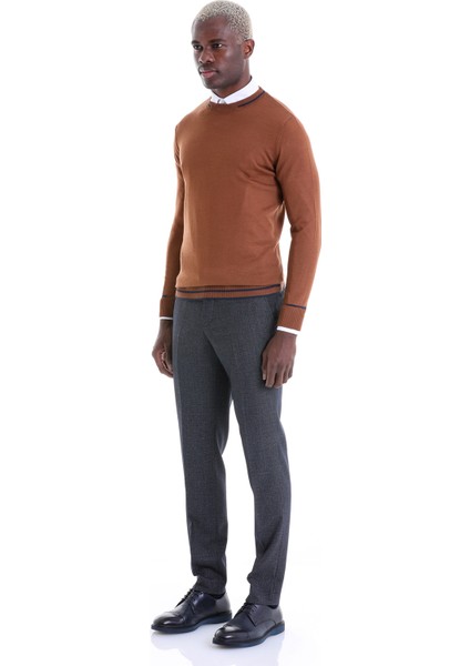 Kahverengi Regular Fit Çizgili Yün Bisiklet Yaka Triko Kazak fırsatları