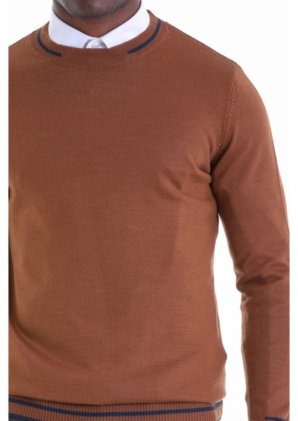 Kahverengi Regular Fit Çizgili Yün Bisiklet Yaka Triko Kazak indirimleri