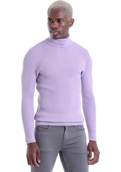 Mor Regular Fit Düz Balıkçı Yaka Klasik Yün Triko Kazak