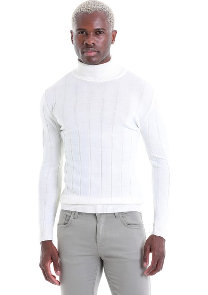 Ekru Regular Fit Desenli Balıkçı Yaka Yün Triko Kazak modelleri