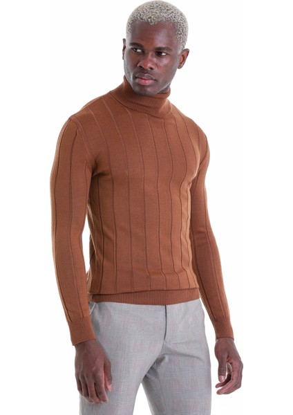 Kahverengi Regular Fit Desenli Balıkçı Yaka Yün Triko Kazak fiyatları