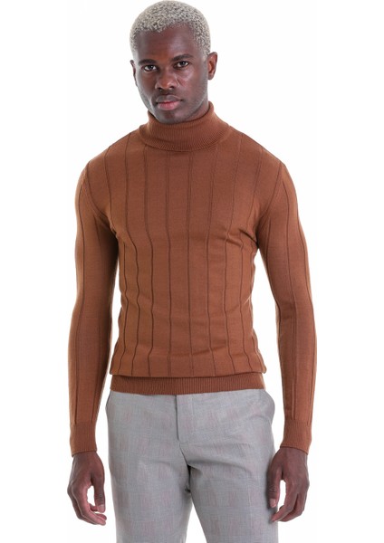 Kahverengi Regular Fit Desenli Balıkçı Yaka Yün Triko Kazak modelleri