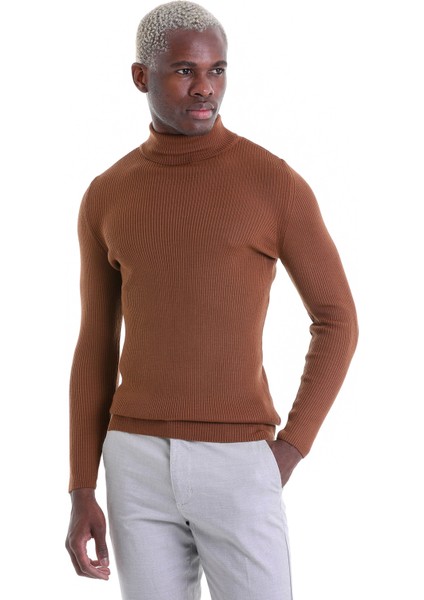 Kahverengi Regular Fit Düz Balıkçı Yaka Klasik Yün Triko Kazak