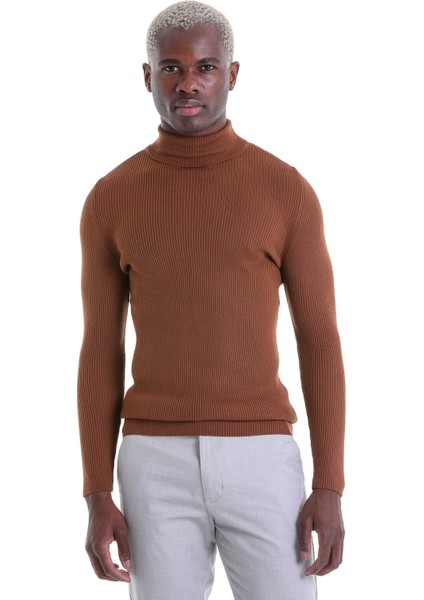 Kahverengi Regular Fit Düz Balıkçı Yaka Klasik Yün Triko Kazak fiyatları