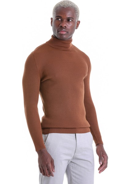 Kahverengi Regular Fit Düz Balıkçı Yaka Klasik Yün Triko Kazak modelleri