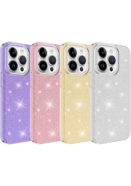 Apple iPhone 14 Pro Kılıf Çift Katmanlı Simli Shining Sert Silikon Arka Kapak Altın
