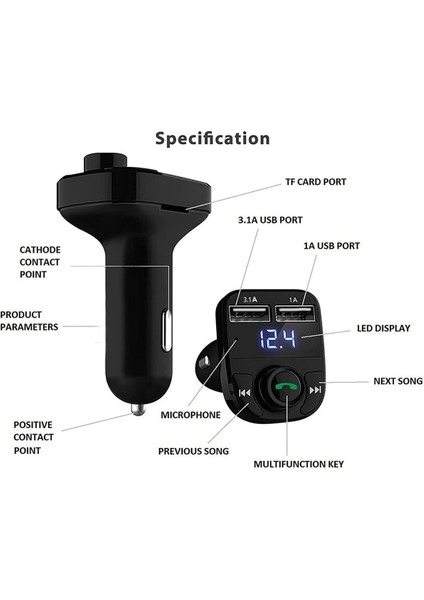 Bluetooth ve Eller Serbest Özellikli Fm Verici X8 Siyah modelleri