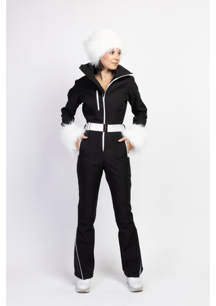 Sd Beyaz Kalpak Detaylı Siyah Kayak Tulumu