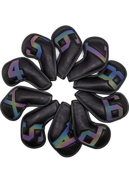 10 x Uzun Boyun Golf Kulübü Demir Kapakları 4 5 6 7 8 9 P A S x Su Geçirmez Headcover Siyah Lazer (Yurt Dışından)
