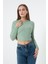 Kadın Yeşil Önü Fermuarlı Örme Crop Bluz 2