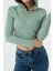 Kadın Yeşil Önü Fermuarlı Örme Crop Bluz 4